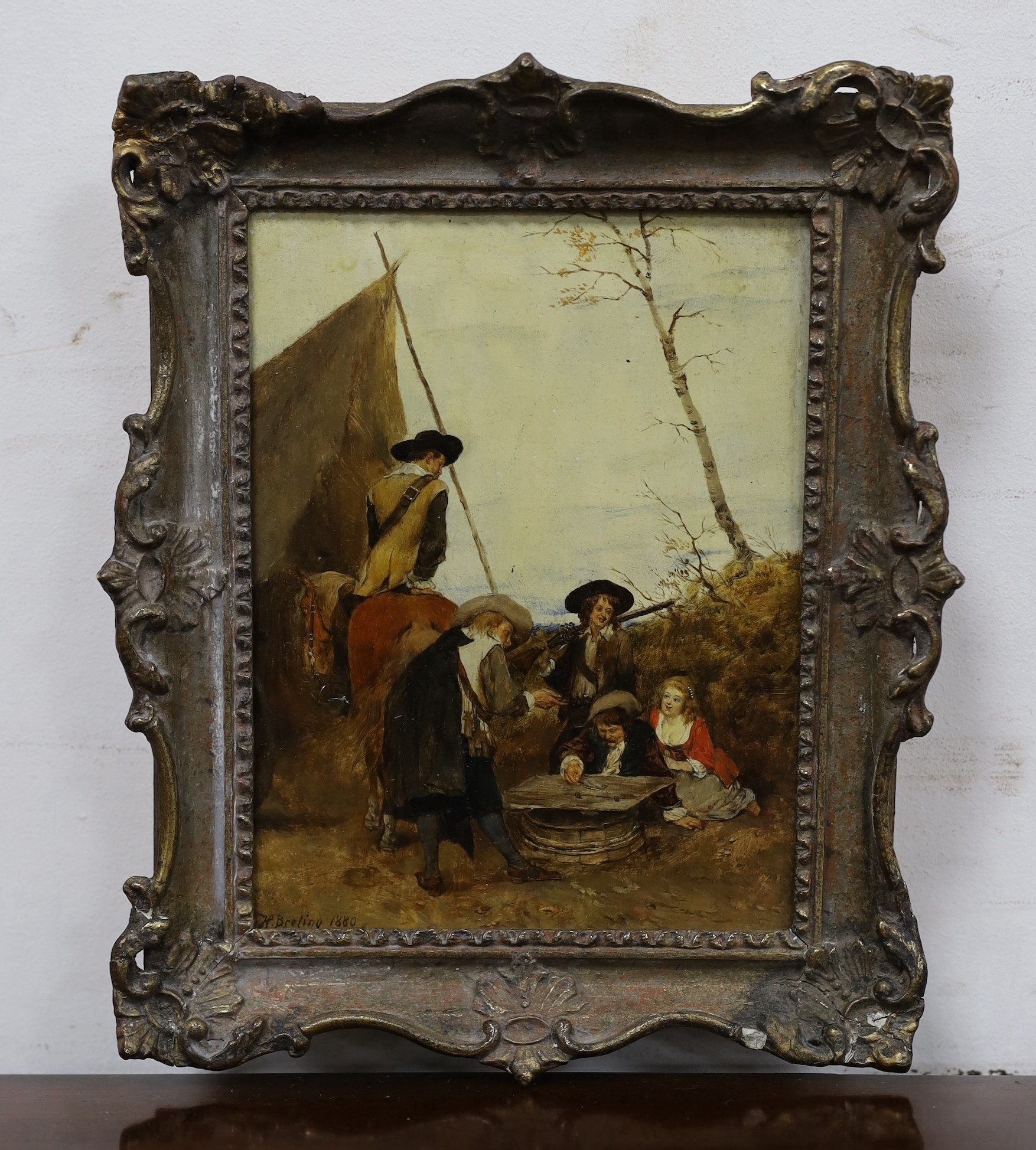 Heinrich Breling (German, 1849-1914), oil on board, figures in a landscape, signed and dated 1880, label verso, 19 x 13cm